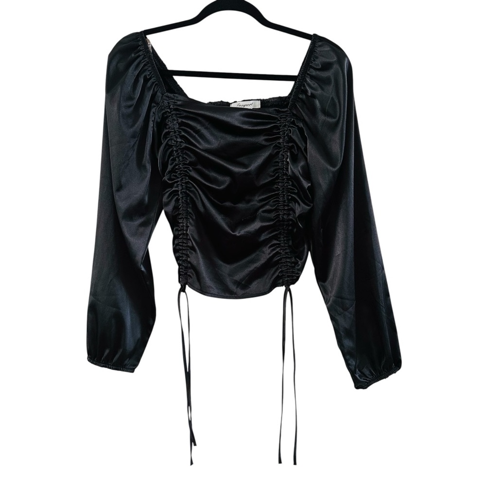 Passport Black Satin Ruched Front Balloon Sleeve Crop Y2K Top size XL - Picture 4 of 7